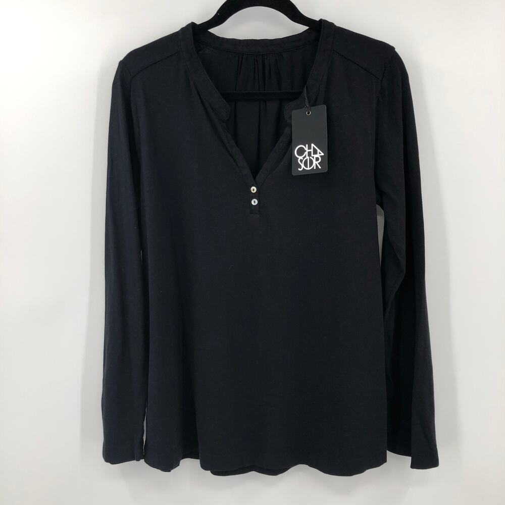 Chaser Black V-Neck Button Detail Pullover Lightweight Long Sleeve Top Shirt